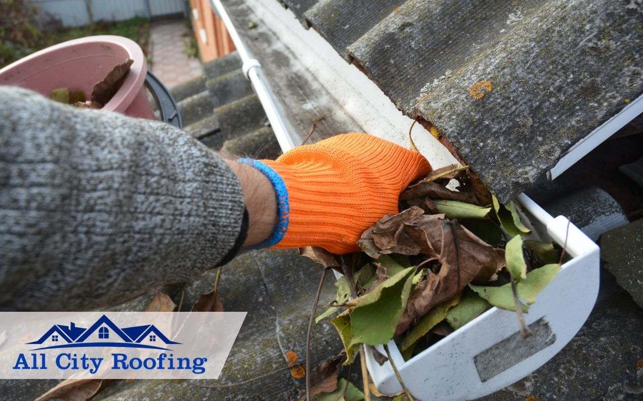 Professional cleaning roof gutters to prevent clogs and water damage.